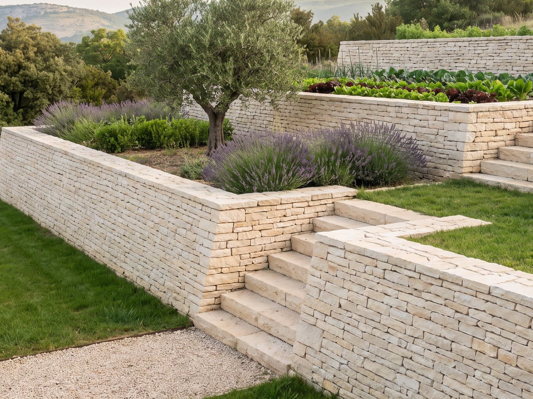 Jardin en restanques fini, murs de pierre sèche en calcaire clair étagés avec escaliers en pierre, potager, olivier et lavandes sur les terrasses
