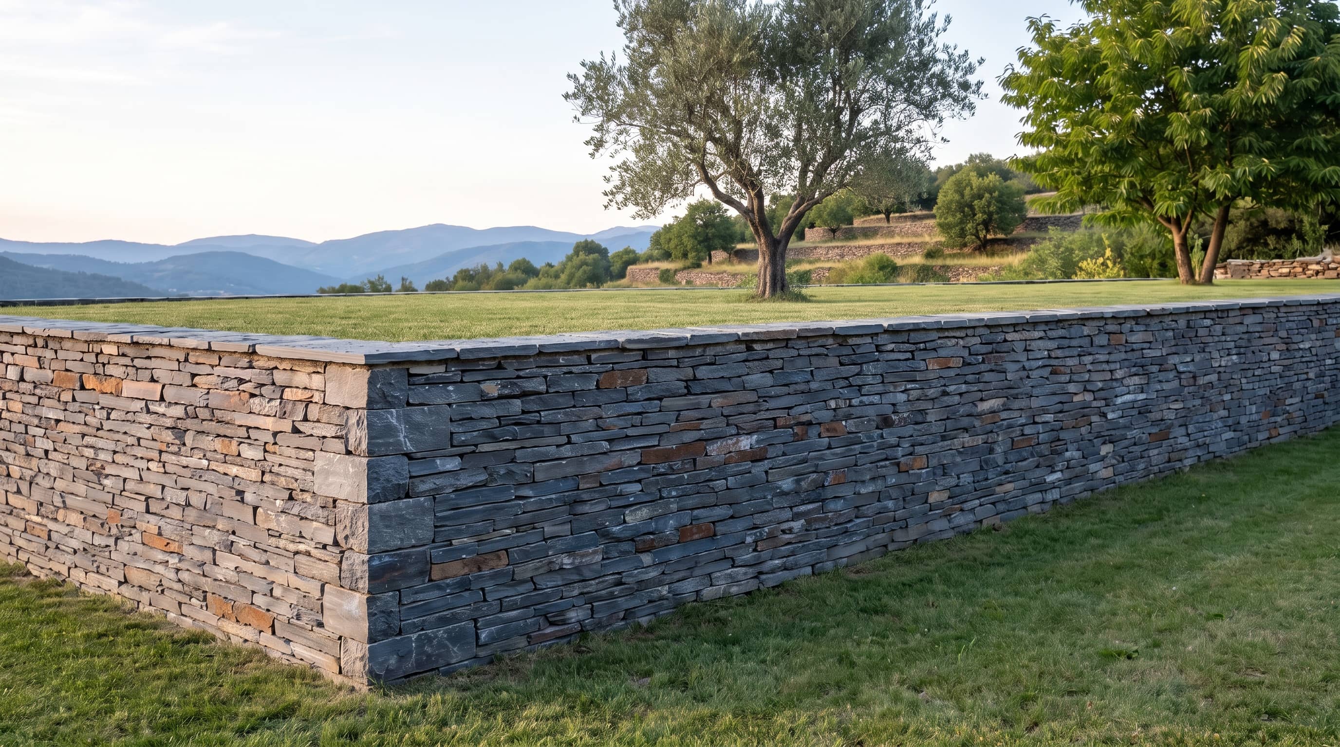 Mur de terrasse en schiste gris-bleu, angle en grosses pierres alternées et couronnement en dalles